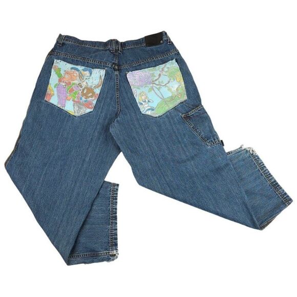 Vintage Joe Boxer Baggy Jeans Mens Size 40 Y2K Alice In Wonderland ALTERED - Picture 1 of 10